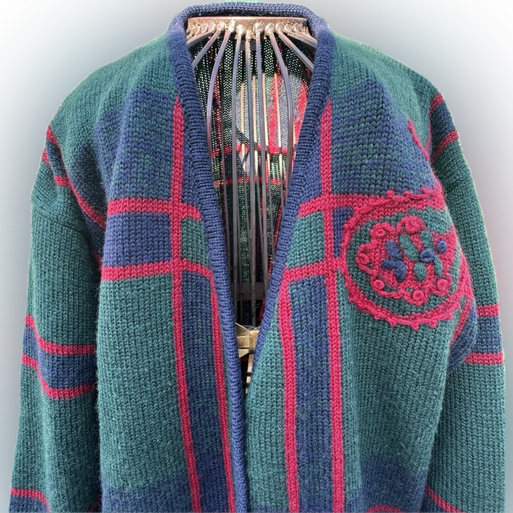 Pendleton Plaid Virgin Wool Cardigan 2X Harvest Cornucopia Embroidery - Picture 3 of 13